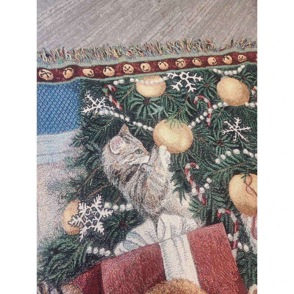 Vintage Tapestry Throw Blanket Cats And Christmas Tree Jingle Bells Cottagecore